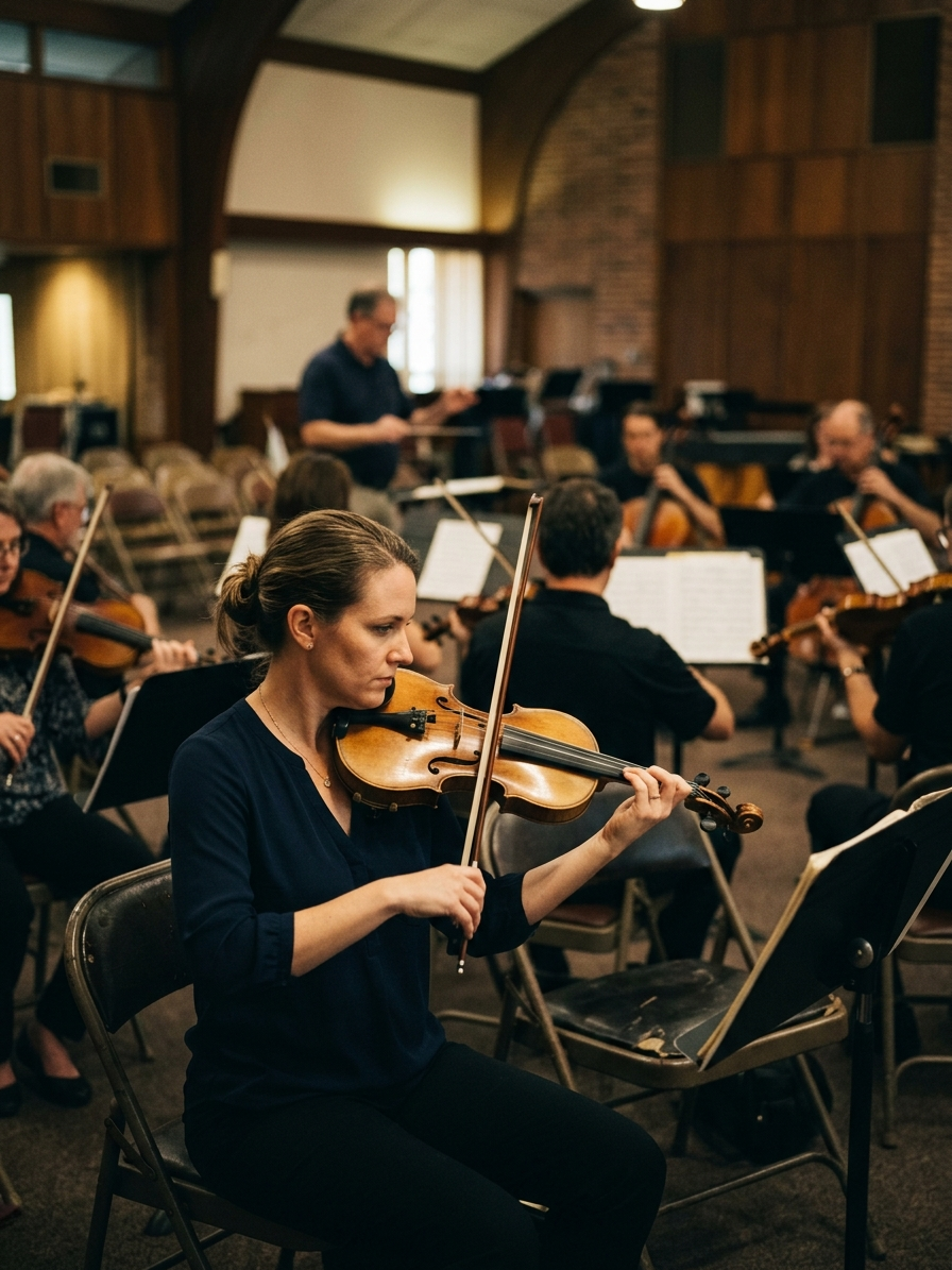 A violinist playing during a community ensemble rehearsal