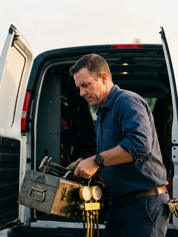 A field technician loading tools into a service van