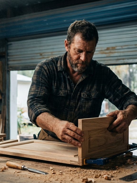 A craftsperson assembling a cabinet door at a workbench