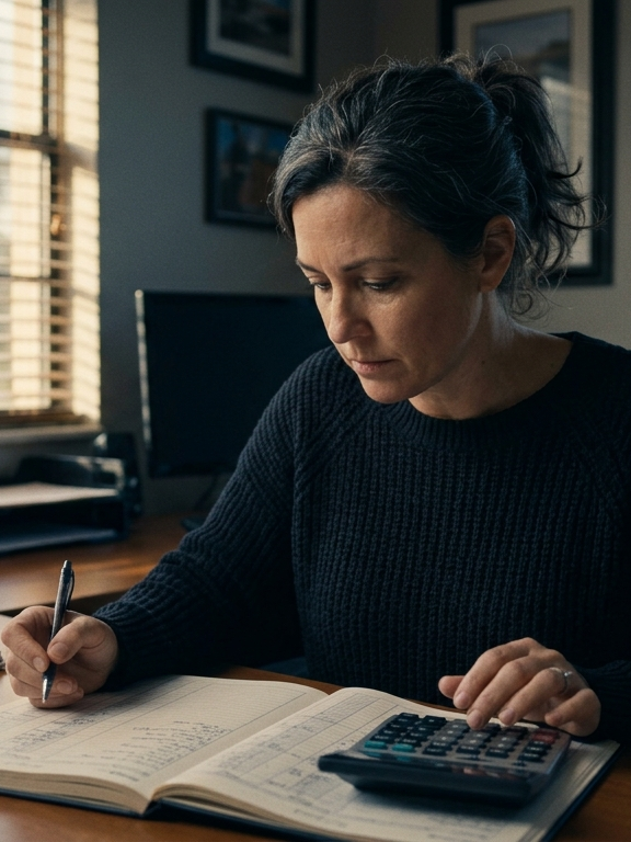A bookkeeper working through a ledger at her desk