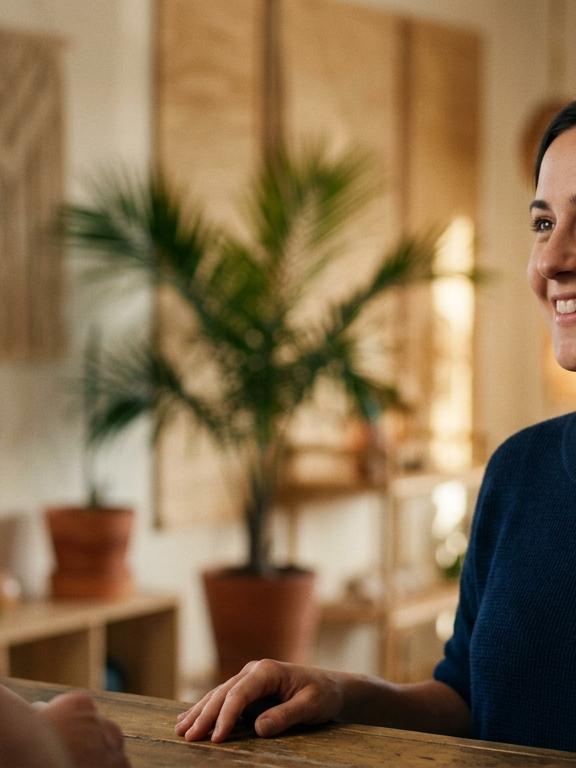 A front-desk manager greeting a customer across a counter