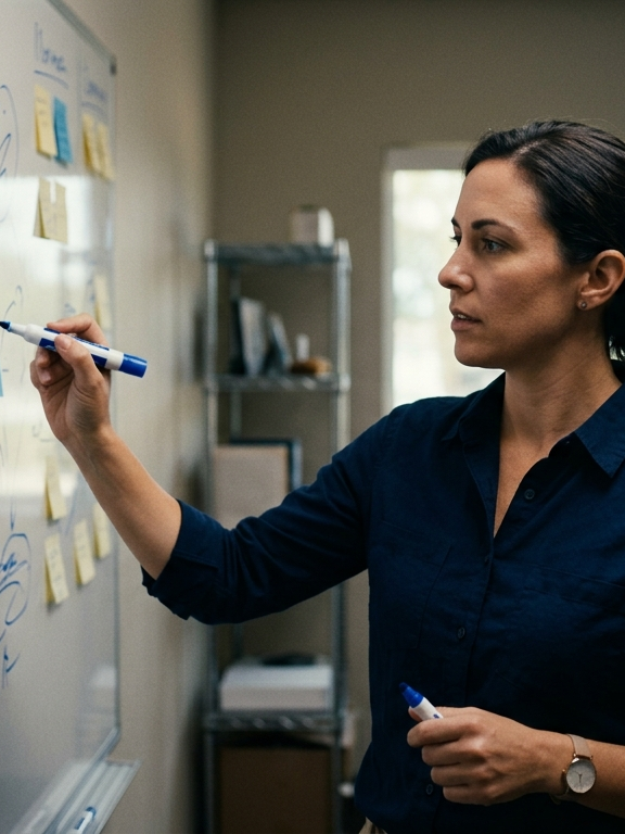 An operations lead mapping a workflow with sticky notes on a whiteboard