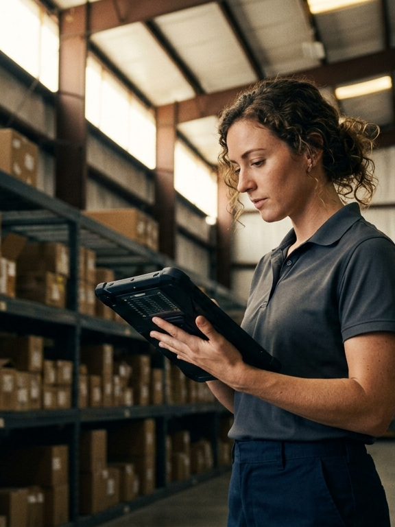 An inventory coordinator checking stock on a tablet between warehouse shelves