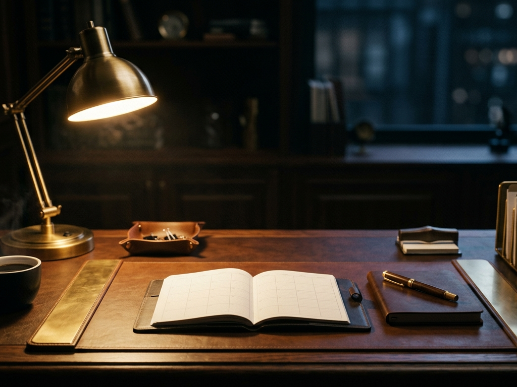 An open planner and pen on a tidy desk