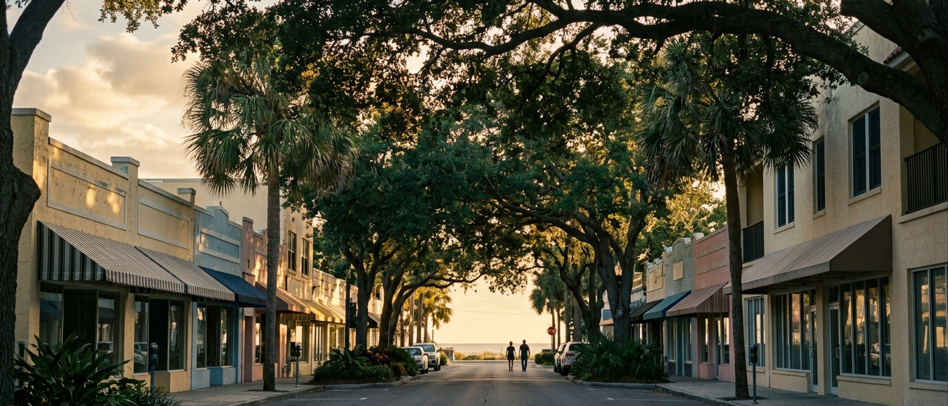 Gulfport’s main street under oak canopy at golden hour