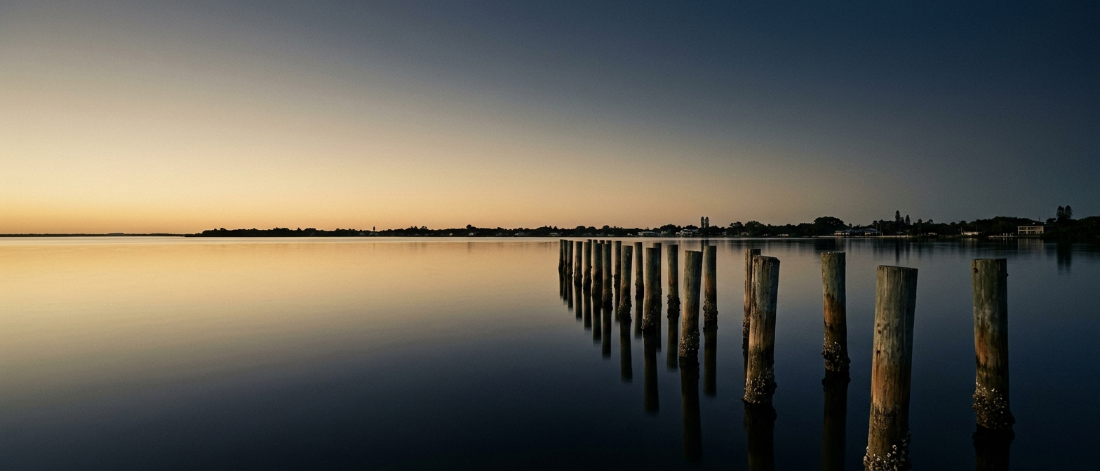 Pier pilings in Boca Ciega Bay at dawn, Gulfport, Florida