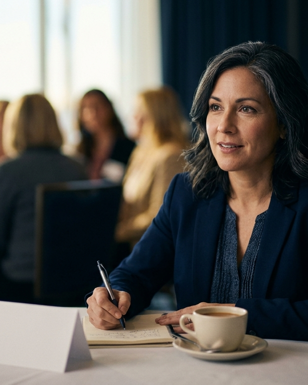 An attendee taking notes at a breakfast workshop table