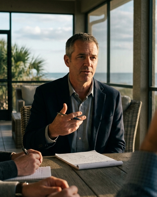 A leader mid-conversation at a retreat breakout on a covered lanai