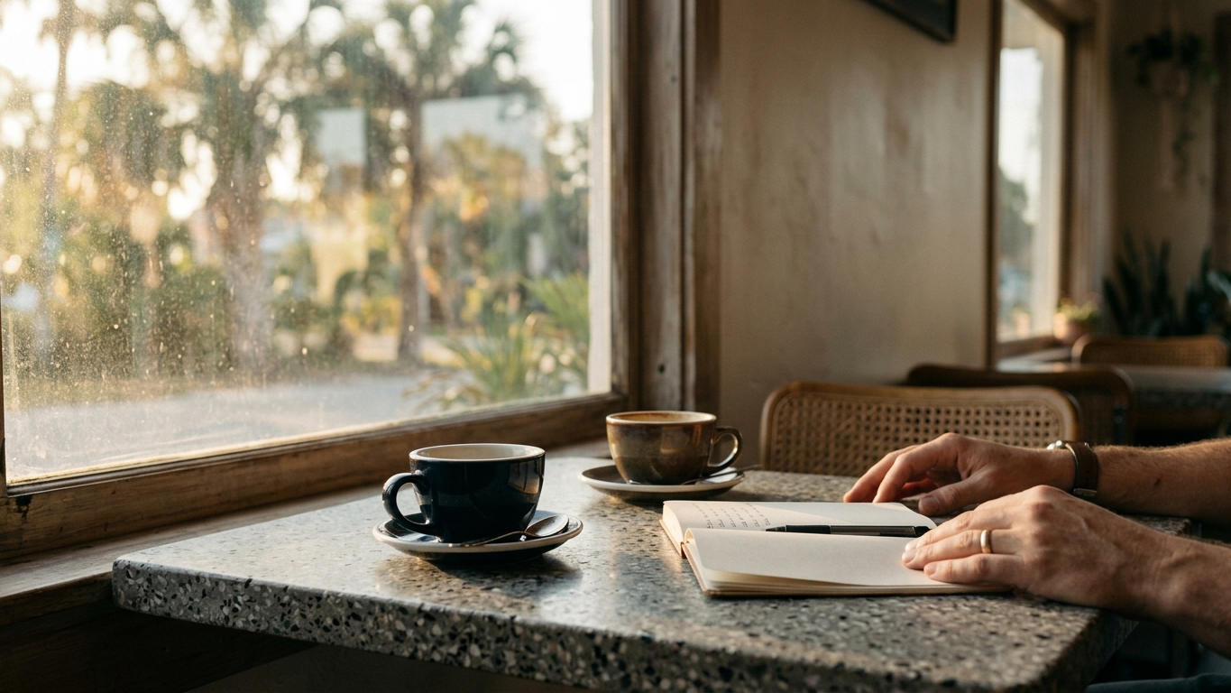 Two coffee cups and a notebook on a café table in morning light
