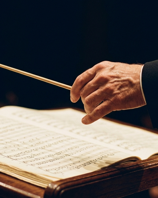 A conductor’s hand raising a baton over an open score