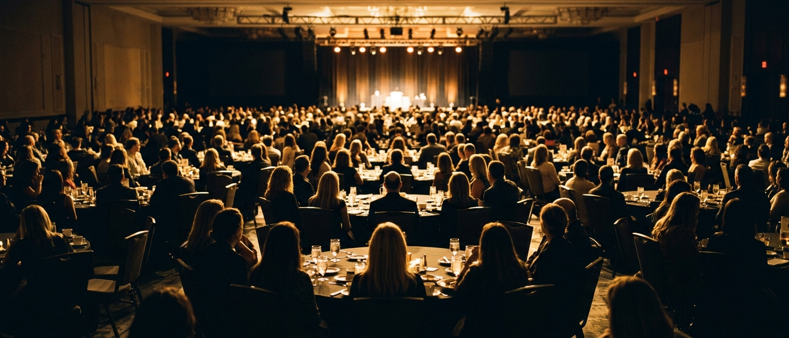 A hotel ballroom audience seen from behind the stage lights