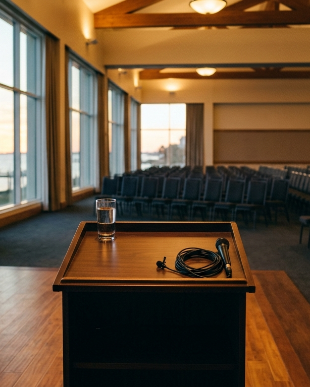 An empty event stage with a wooden lectern before the doors open