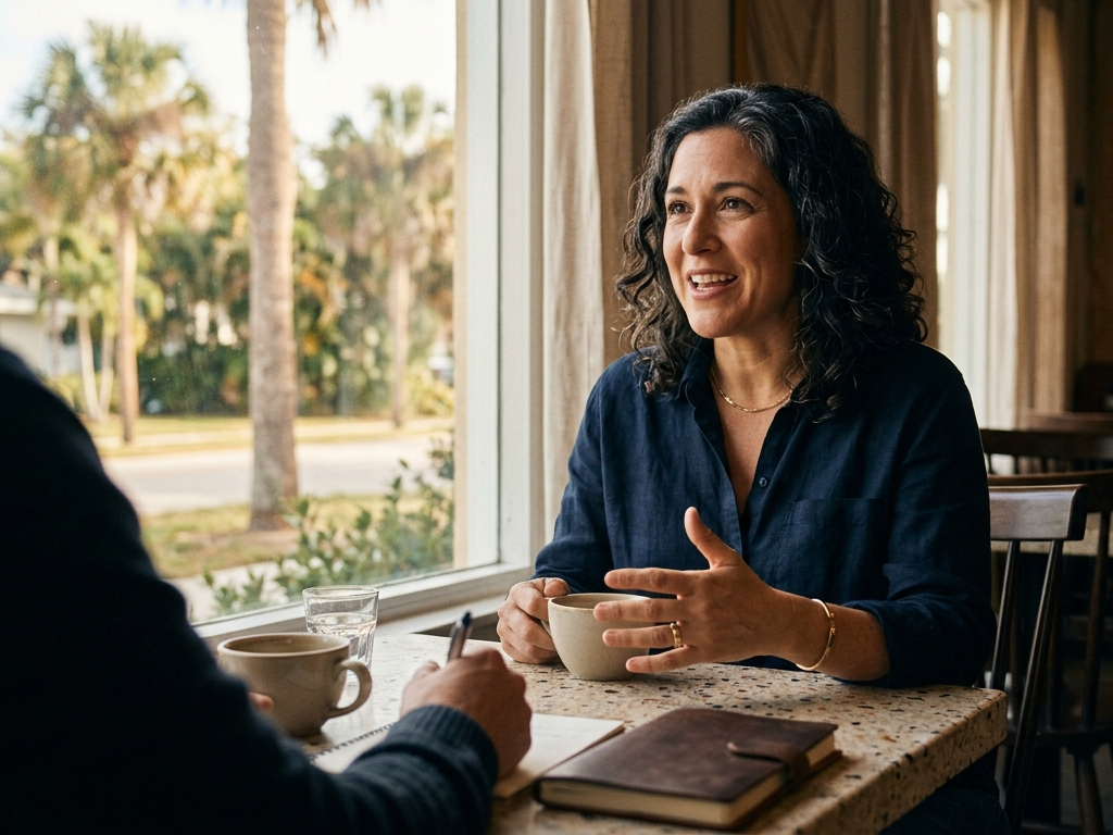 A founder talking through her week over coffee at a café table