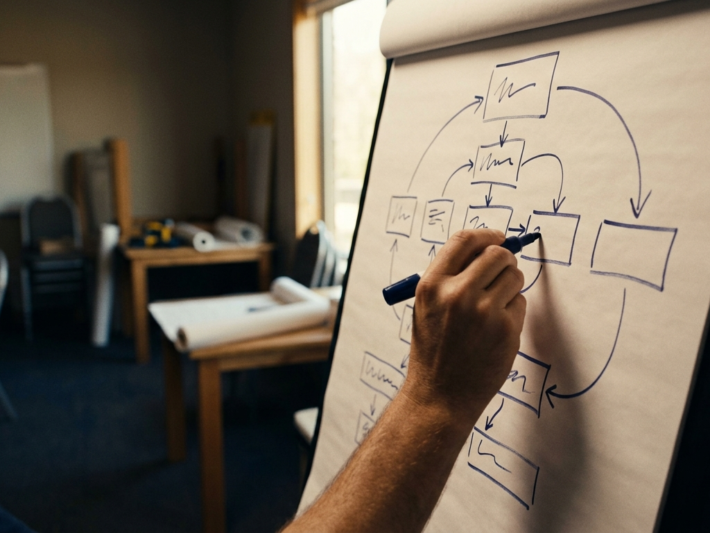 A facilitator drawing a clean flow diagram on a flip chart