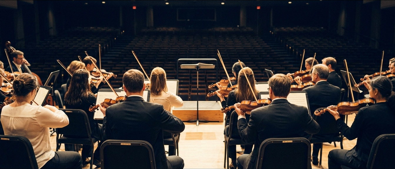 A community orchestra seated and ready, seen from behind the podium