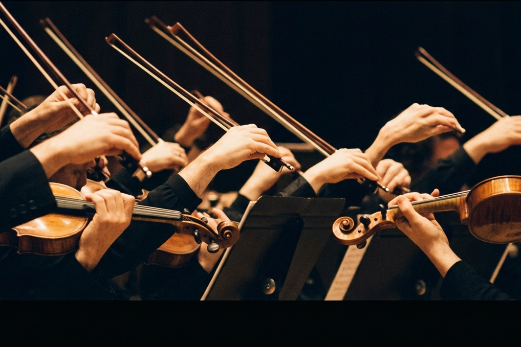 A string section’s bows raised together