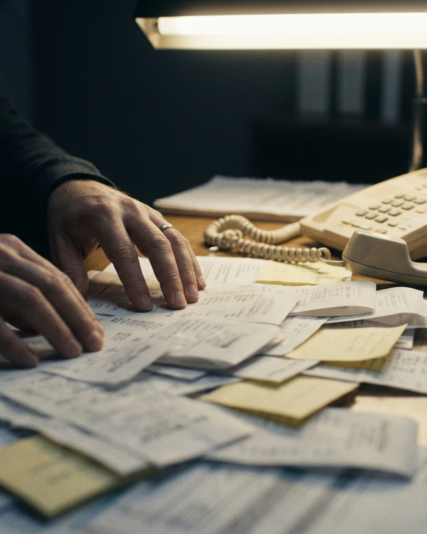 Hands sorting a pile of receipts and notes on a crowded desk
