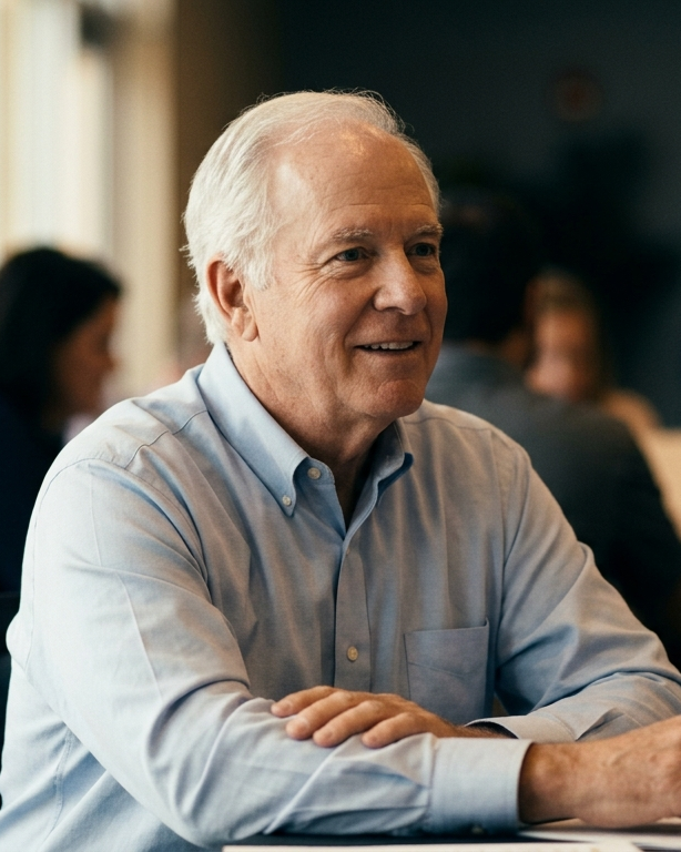 A business owner listening closely in a workshop