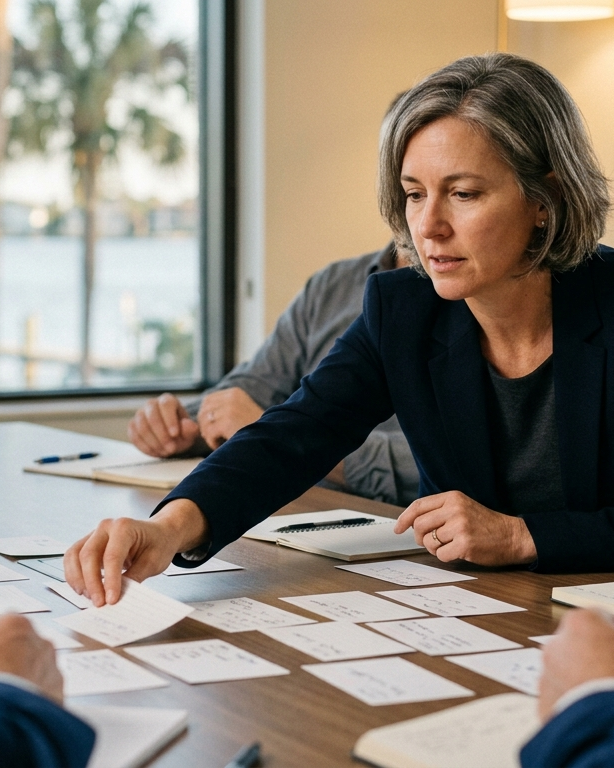 A team lead moving index cards during a half-day workshop