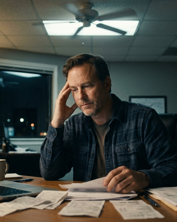 A founder alone at a cluttered desk late at night